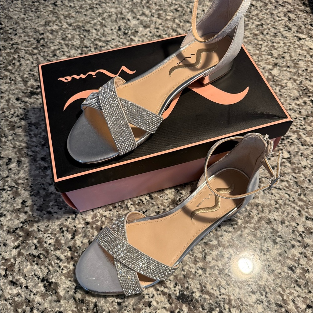 Nina Skylar Silver Strappy Heels (NEVER WORN)